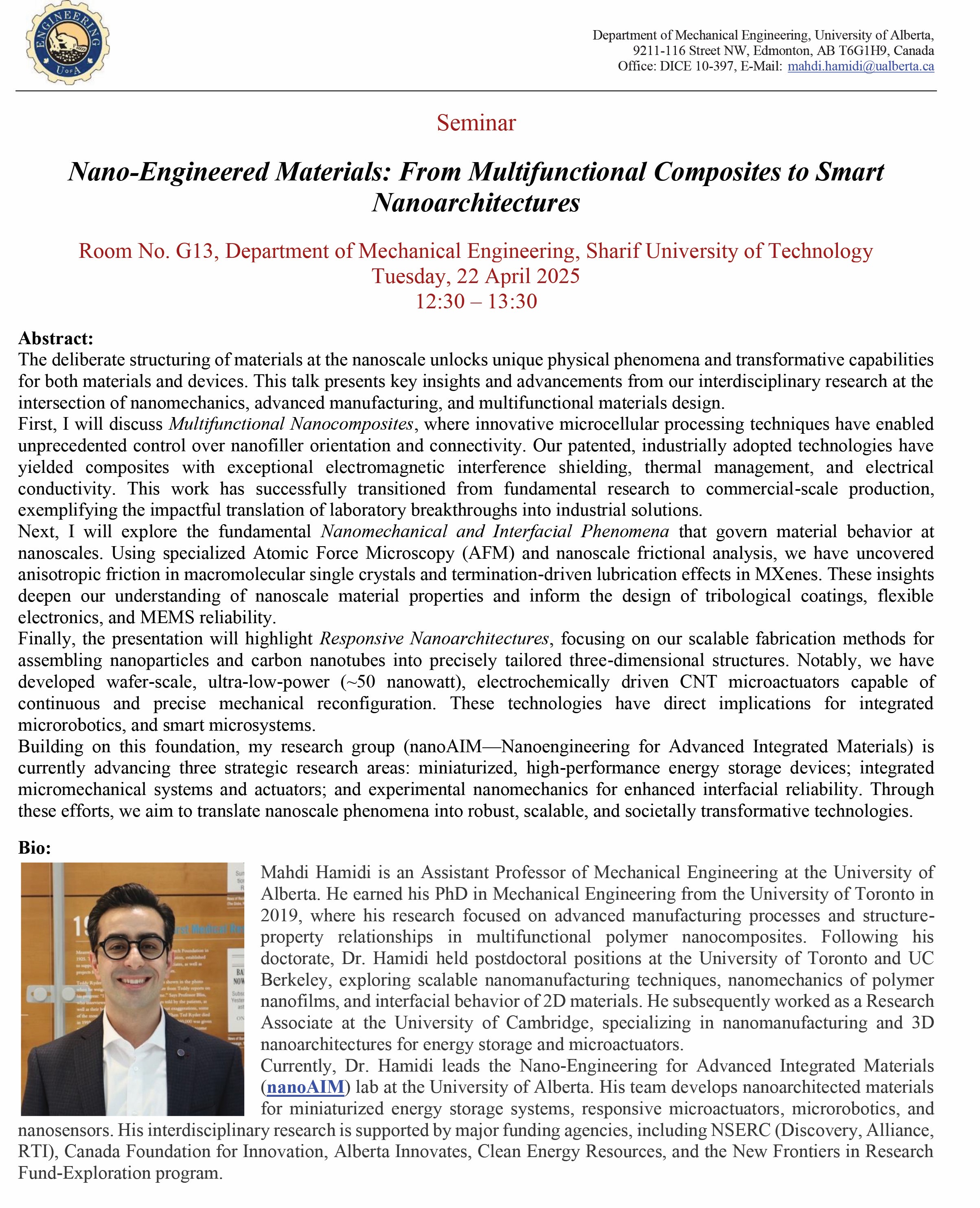 سمینار Nano-Engineered Materials: From Multifunctional Composites to Smart Nanoarchitectures