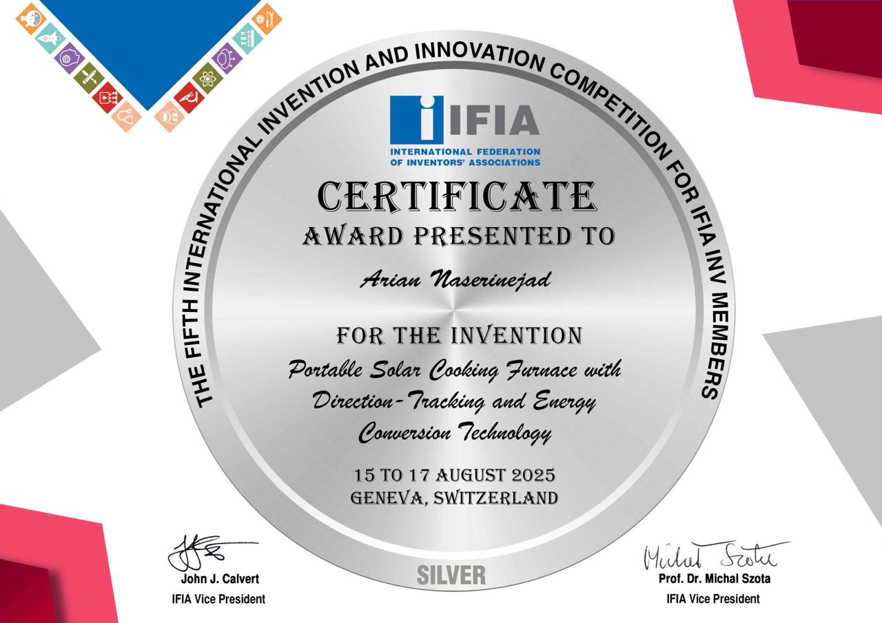 کسب مدال نقره توسط آرین ناصری‌نژاد در پنجمین دوره مسابقات بین‌المللی اختراع و نوآوری فدراسیون جهانی مخترعین (IFIA)